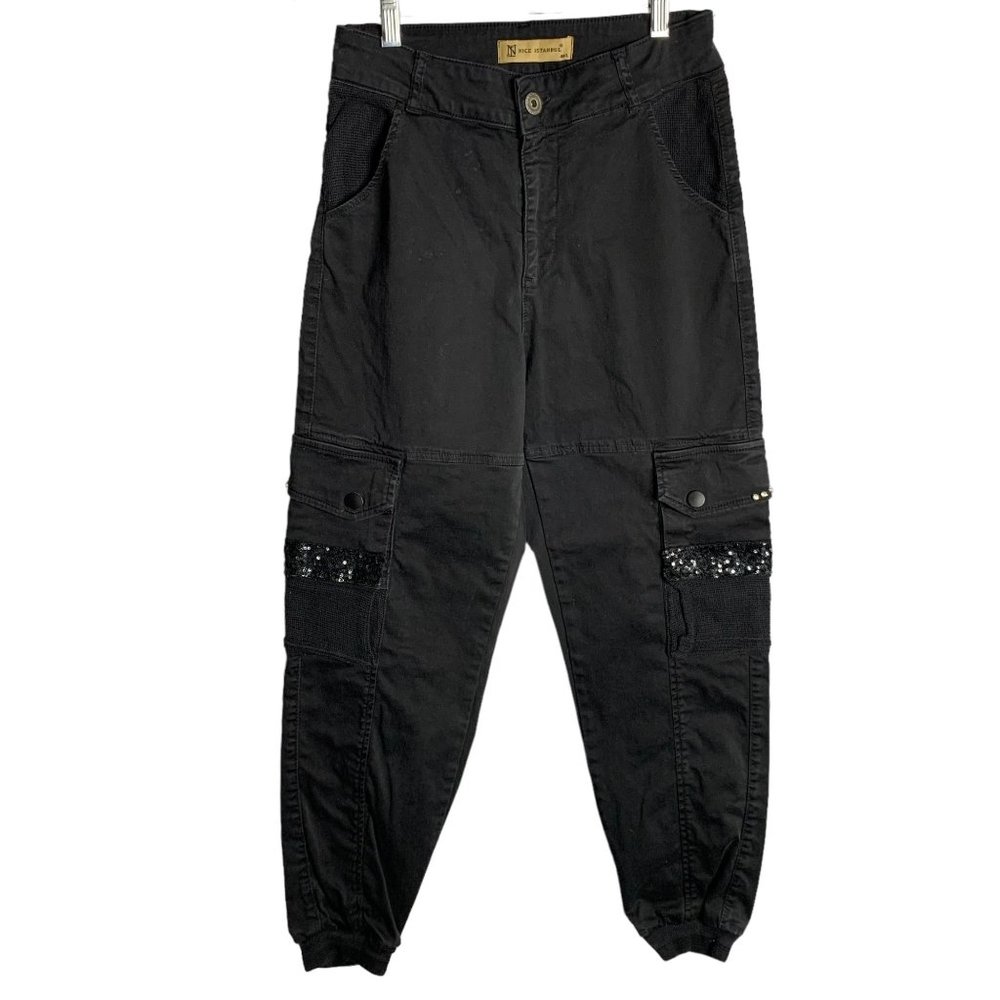 Nice Istanbul Cargo Jogger Pants 26 Black Embellished Pockets Sequins Stretchy